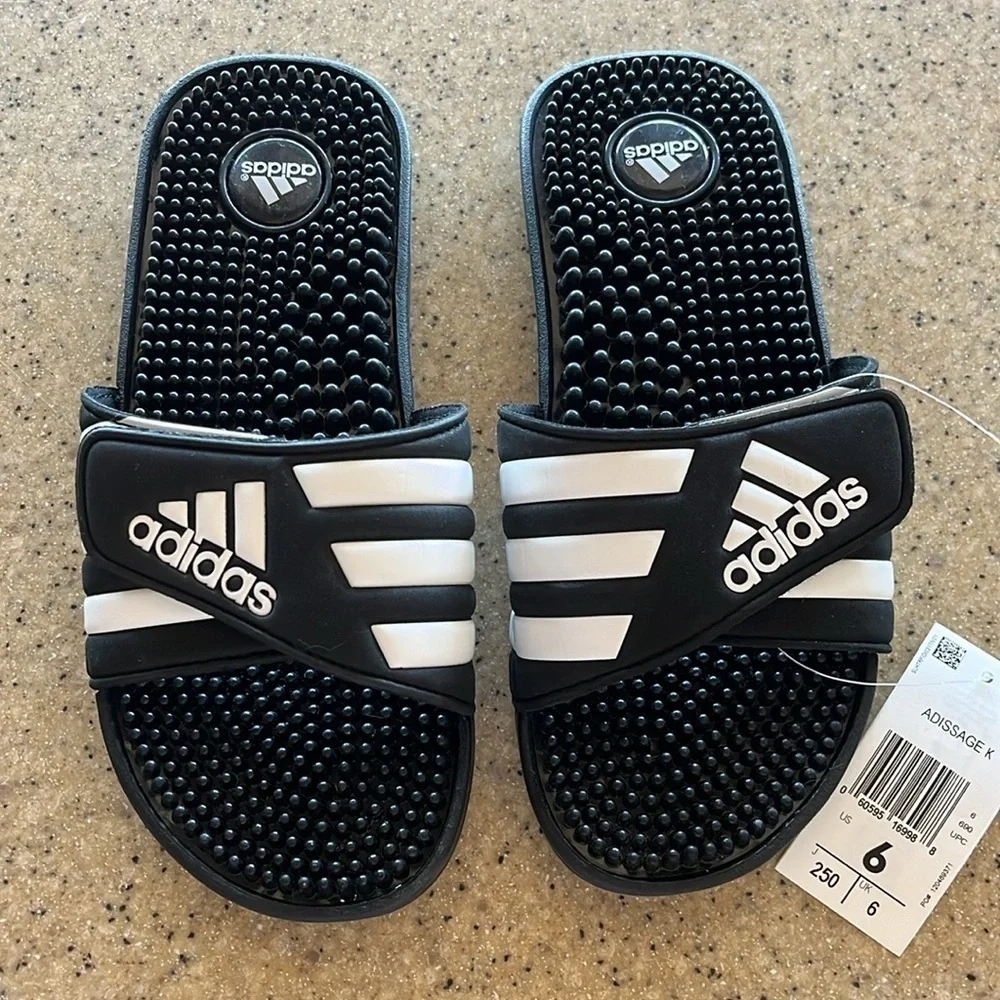 Brand New Adidas 3-Stripe Black & White Adjustable Strap Sport Slides Sandals